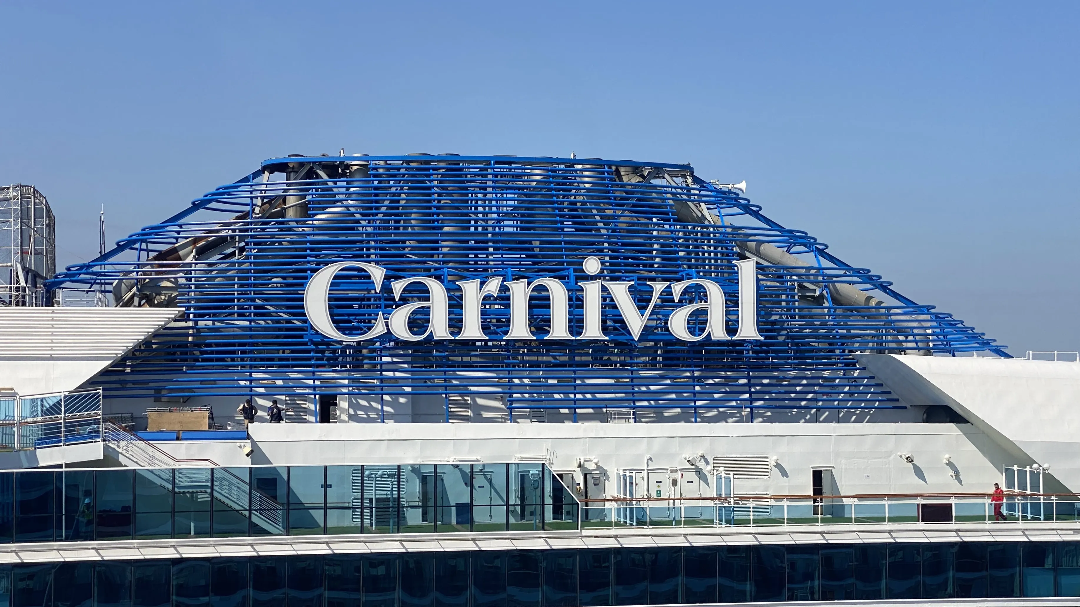 Carnival signage on funnel of Cruise Ship